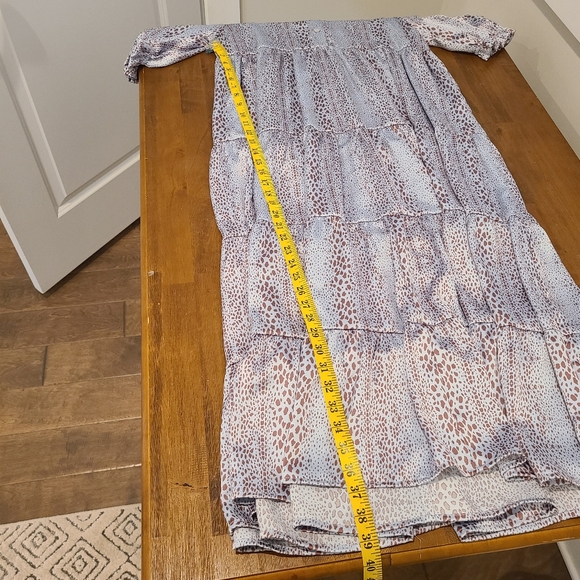 KARLIE Icy Blue And Brown Dot Print Satin Oversized Tiered Maxi Dress - Picture 10 of 12